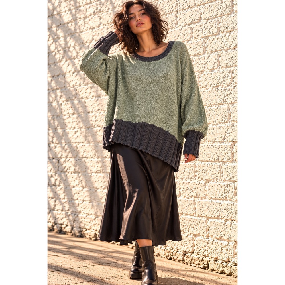 Umgee Green Charcoal Cotton Blend Color Block Oversized Boucle Sweater 2XL